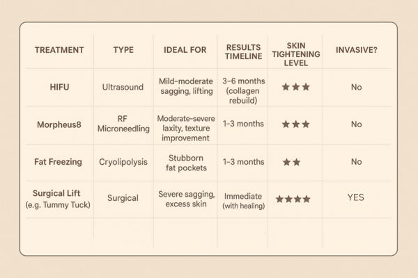 Table showing the comparisons of Skin tightening Kensal Town treatment options.